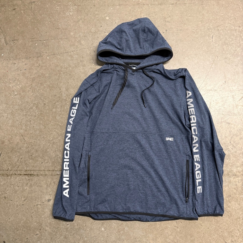 American Eagle Mens Heather Navy Blue Logo Sleeve Active Hoodie Large‎ L